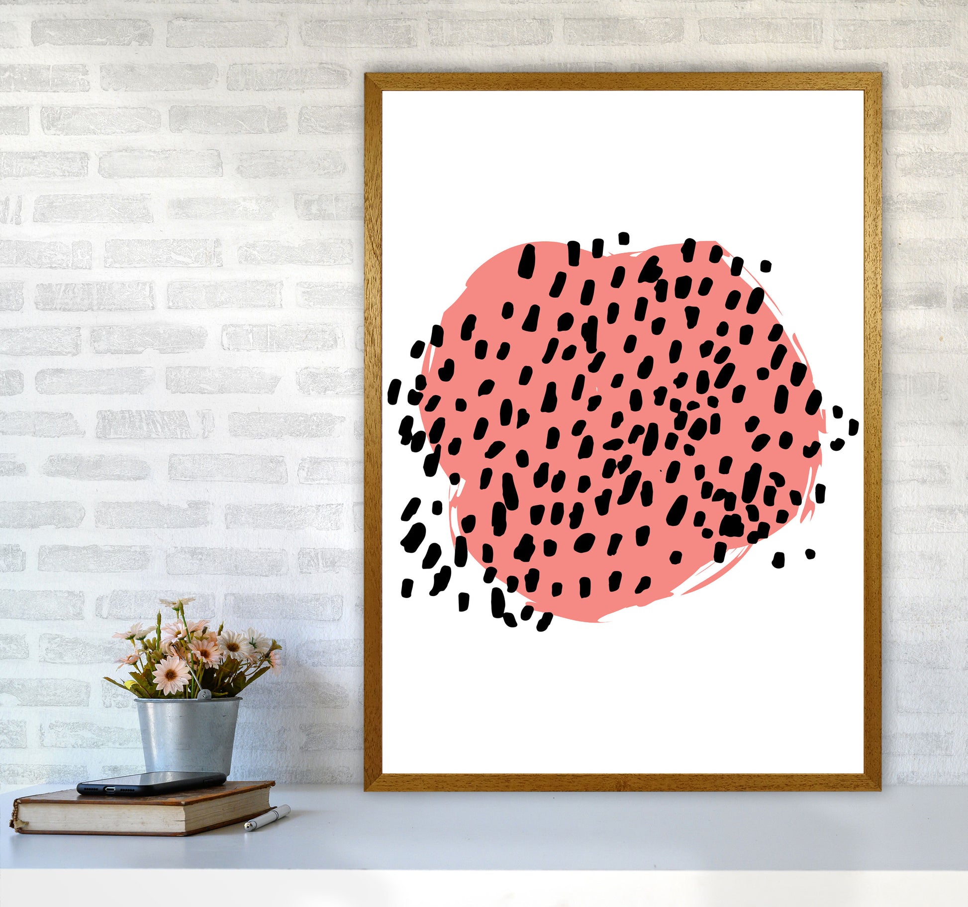 Coral Blob With Black Polka Dots Abstract Modern Print A1 Print Only