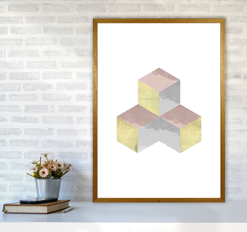 Gold, Pink And Grey Abstract Cubes Modern Print A1 Print Only