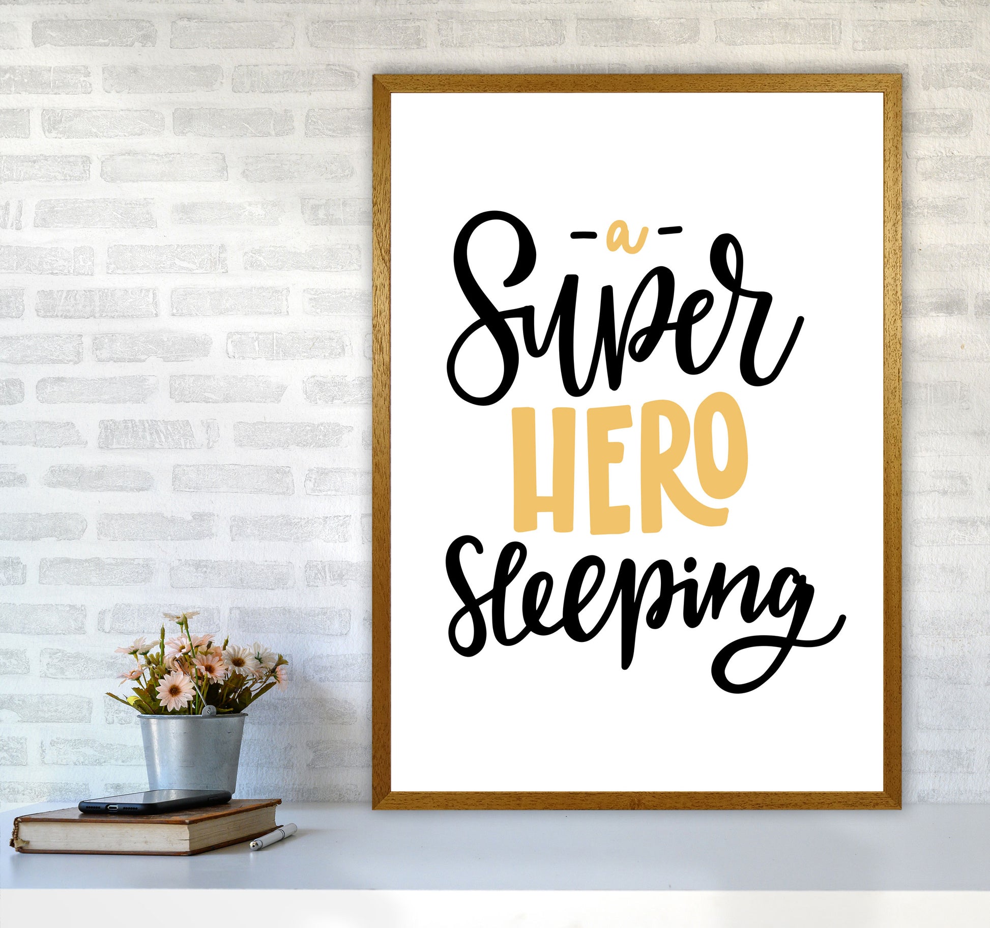 Superhero Sleeping Mustard And Black Framed Nursey Wall Art Print A1 Print Only