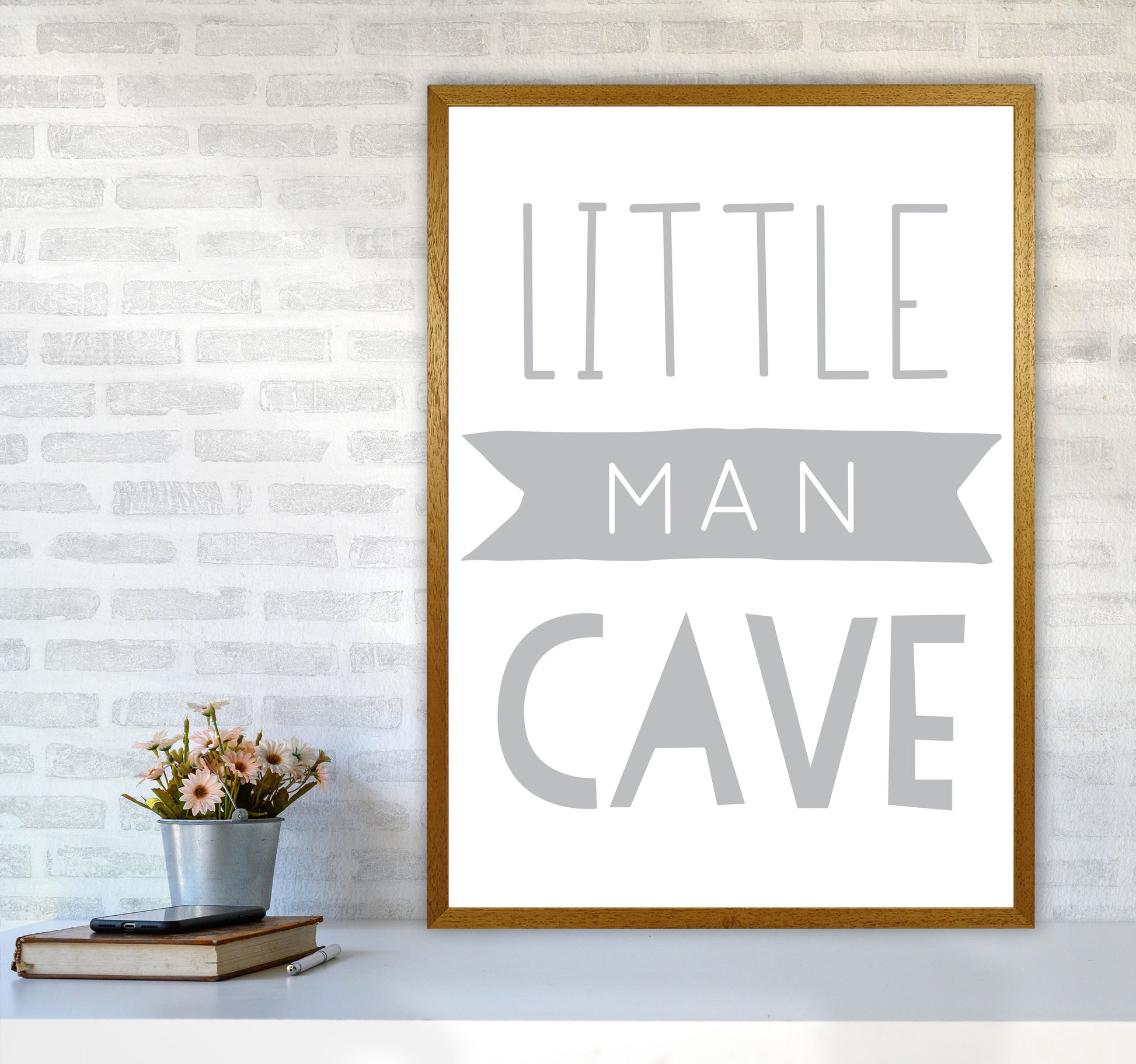 Little Man Cave Grey Banner Framed Nursey Wall Art Print A1 Print Only