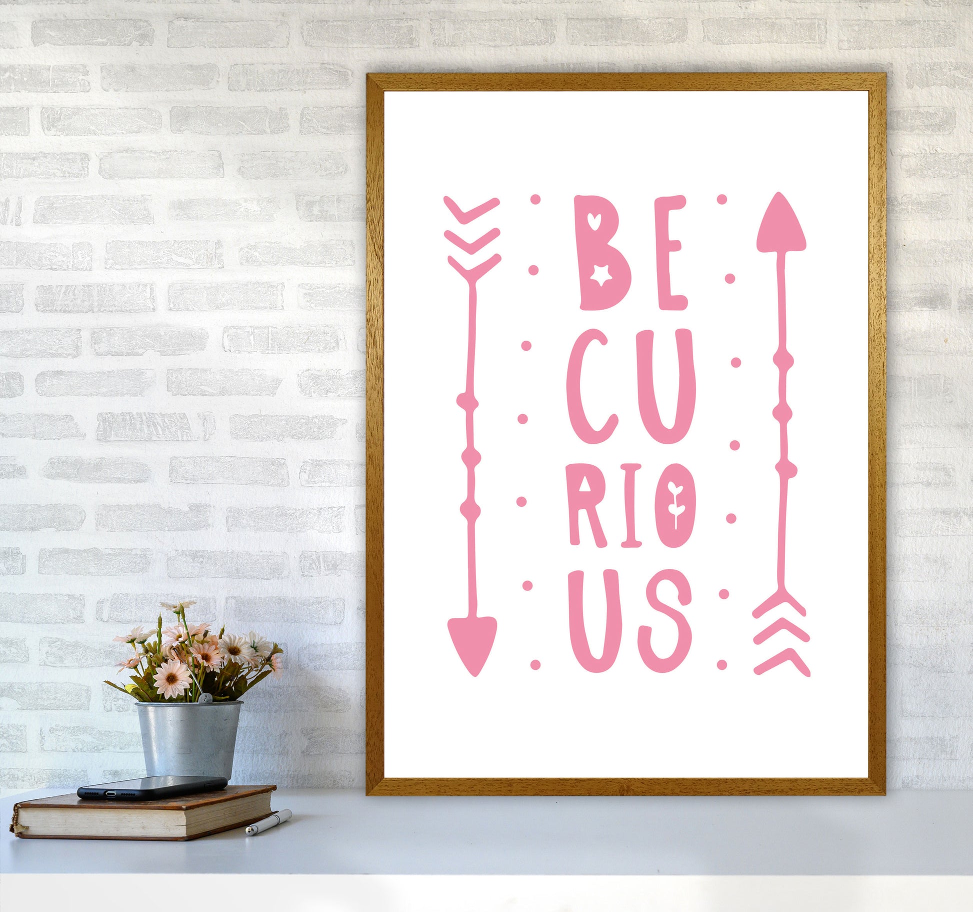 Be Curious Pink Framed Typography Wall Art Print A1 Print Only