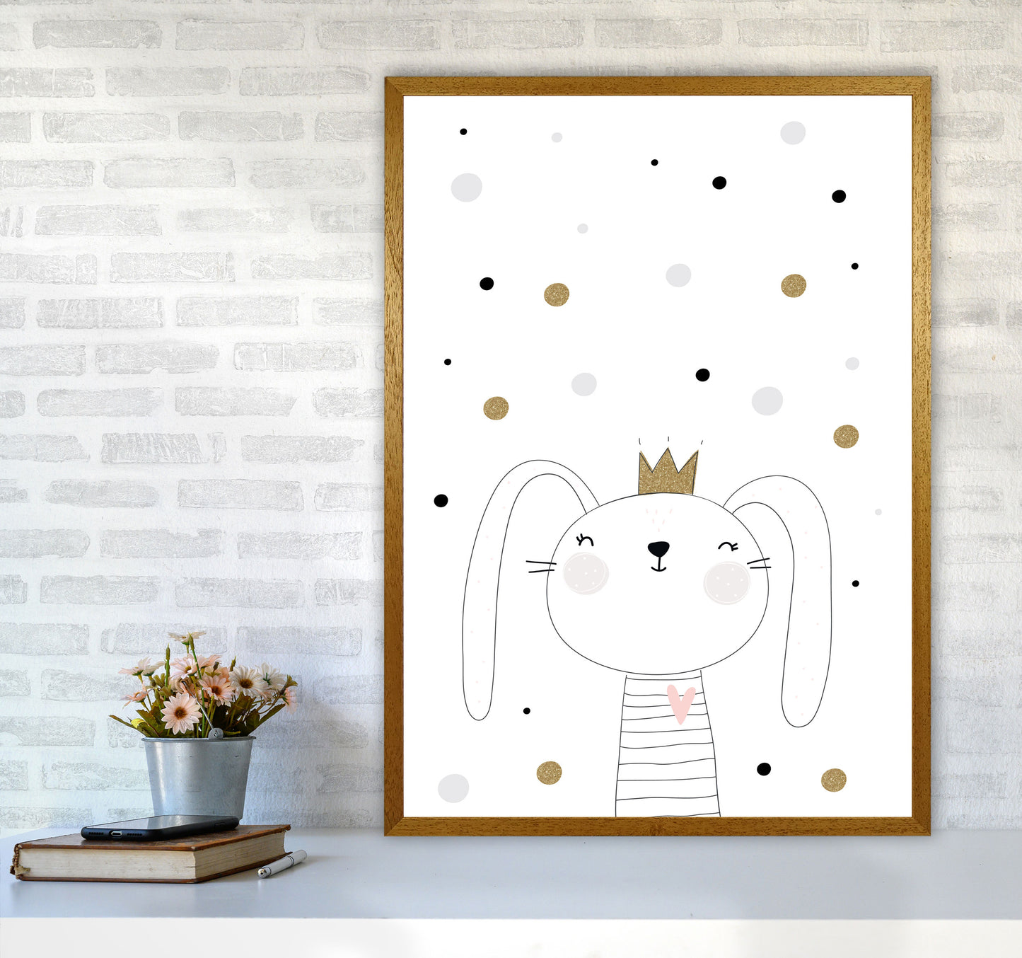 Scandi Cute Bunny With Crown And Polka Dots Modern Print A1 Print Only