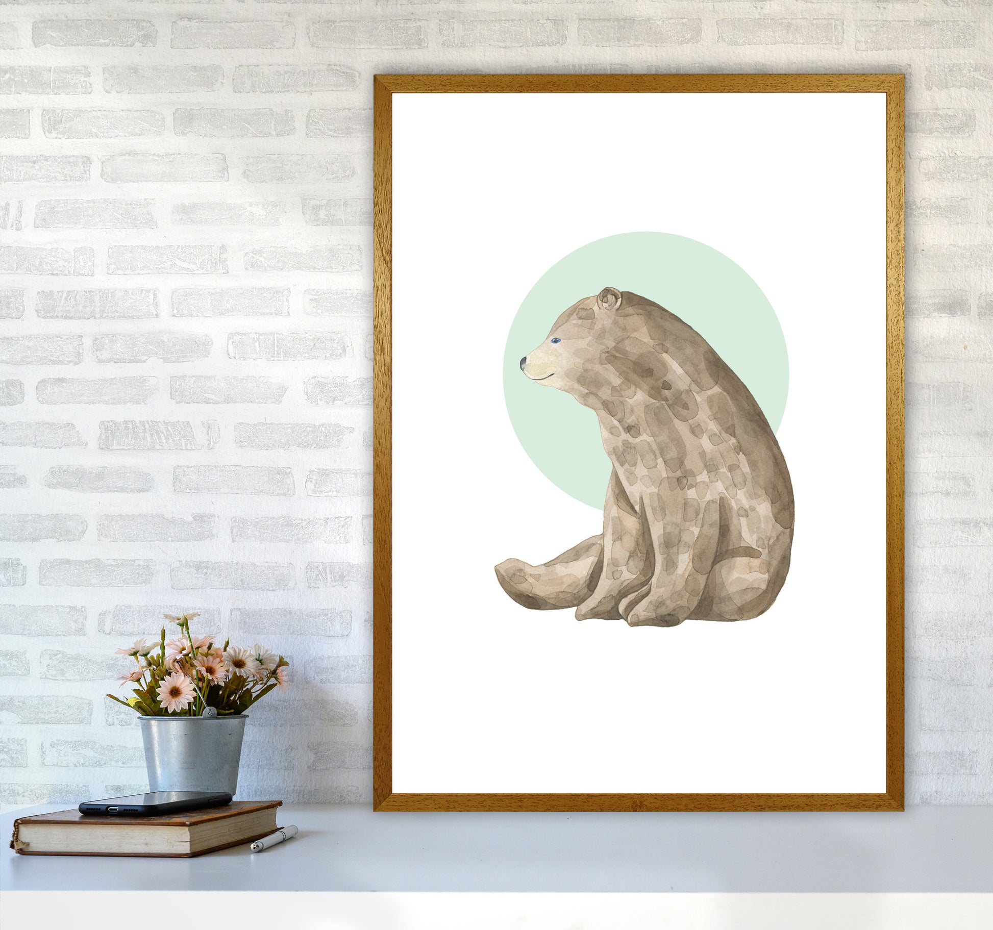 Watercolour Bear With Green Circle Modern Print Animal Art Print A1 Print Only