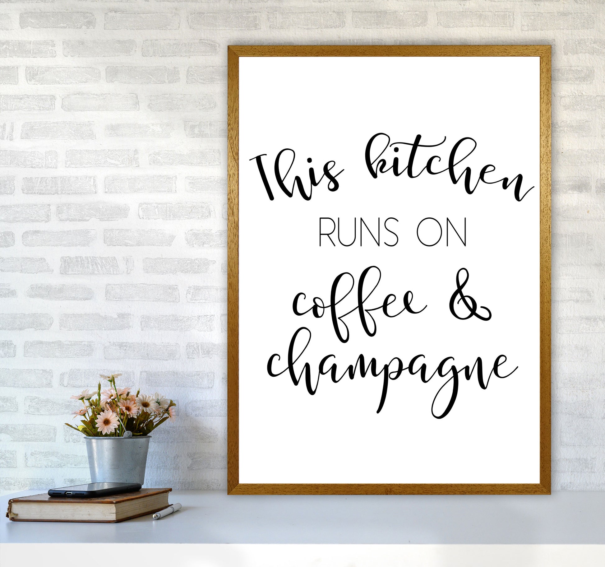 This Kitchen Runs On Coffee And Champagne Modern Print, Framed Kitchen Wall Art A1 Print Only