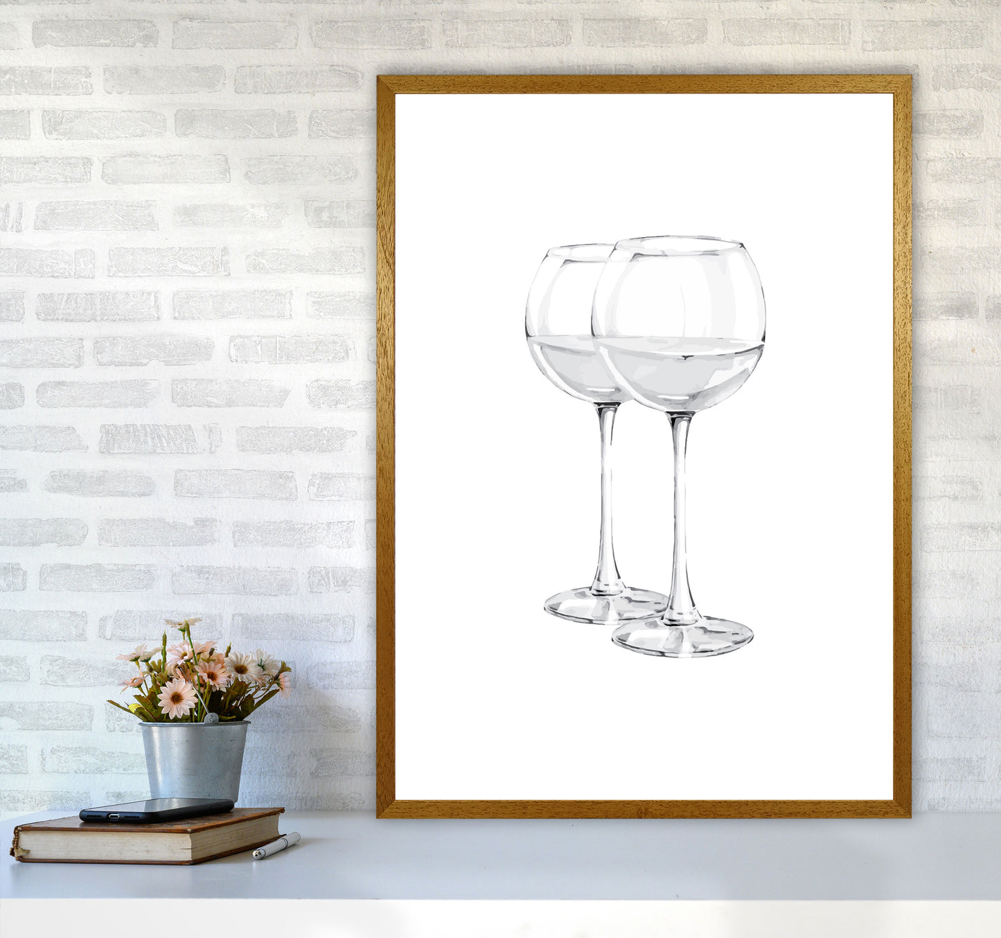 White Wine Glasses Modern Print, Framed Kitchen Wall Art A1 Print Only