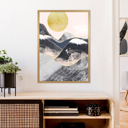 Gold Moon Navy Marble Mountains  Art Print by Pixy Paper A1 Print Only