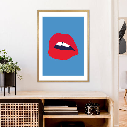 Red Lips Blue Back  Art Print by Pixy Paper A1 Print Only