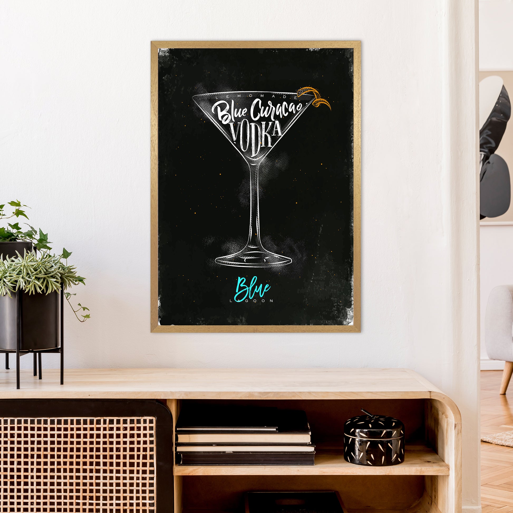 Blue Lagoon Cocktail Black  Art Print by Pixy Paper A1 Print Only