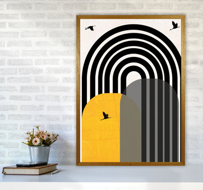 Giant rainbow with birds mustard Art Print by Pixy Paper A1 Print Only