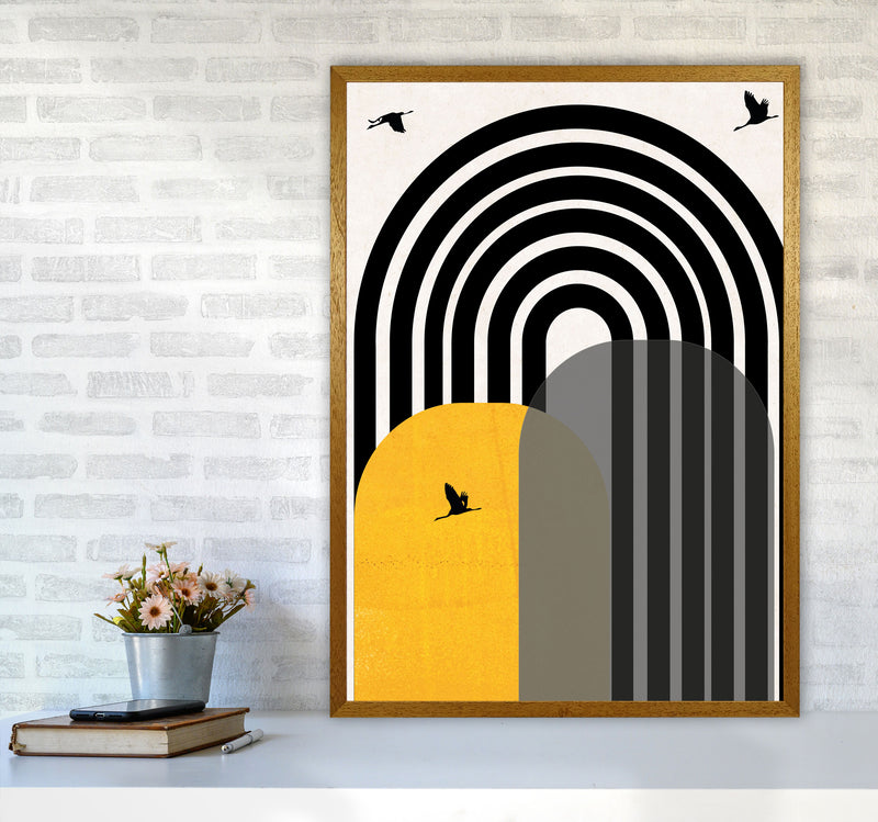 Giant rainbow with birds mustard Art Print by Pixy Paper A1 Print Only