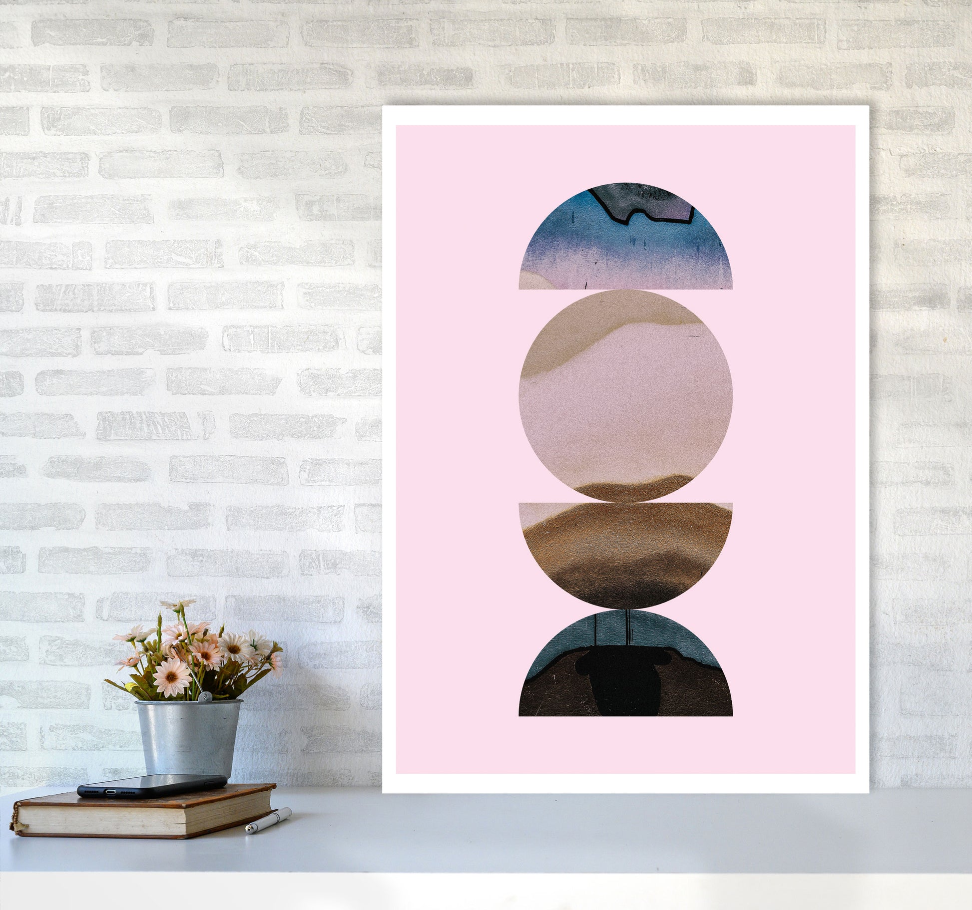 Abstract Circles Pink Background Modern Print A1 Black Frame