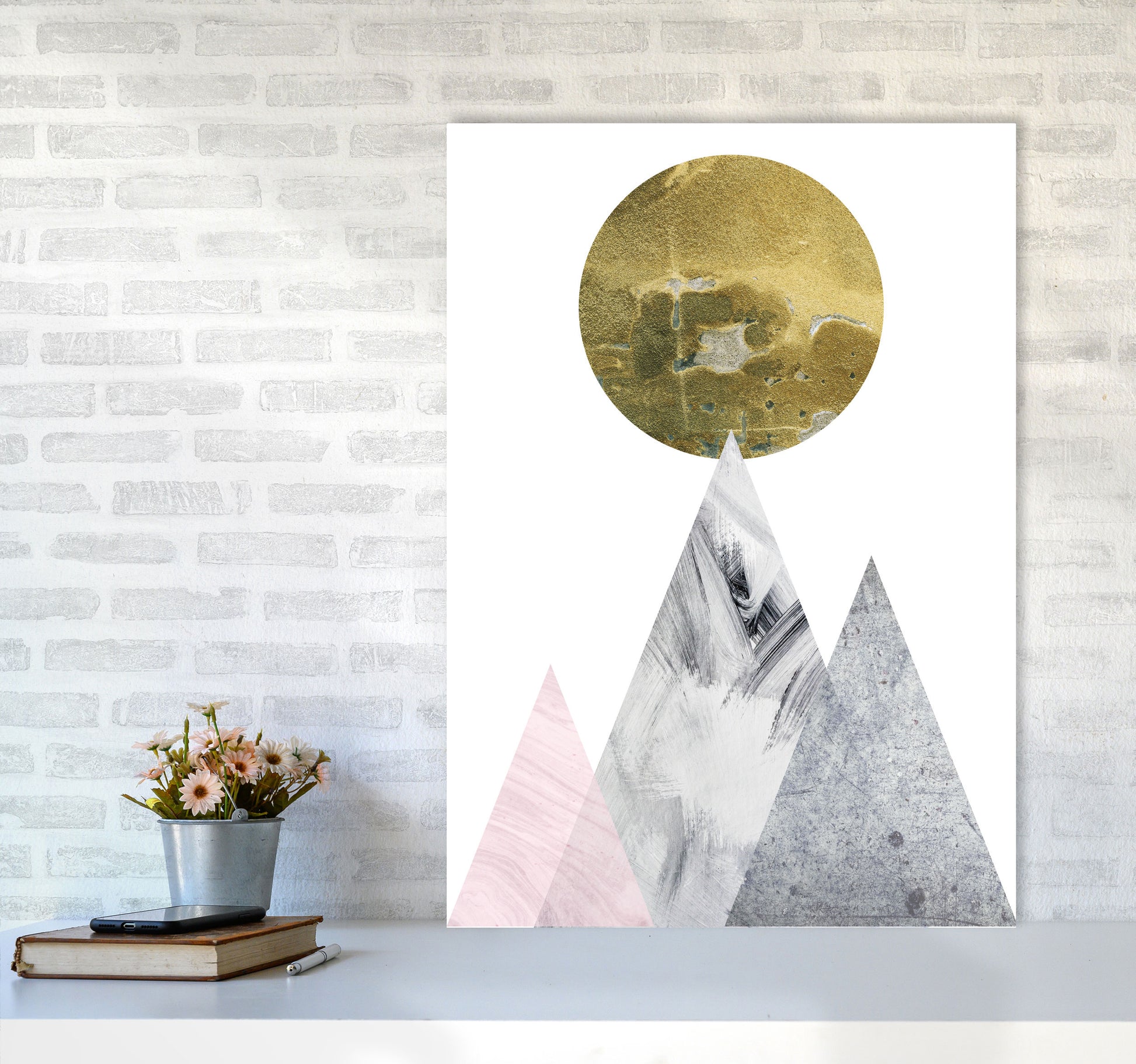 Pink And Grey Mountains Abstract Modern Print A1 Black Frame