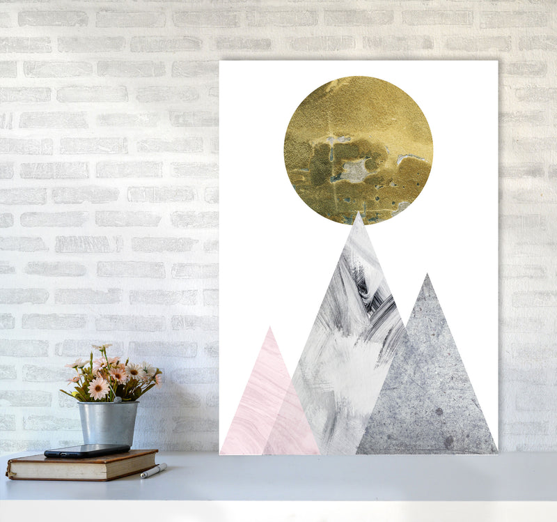 Pink And Grey Mountains Abstract Modern Print A1 Black Frame