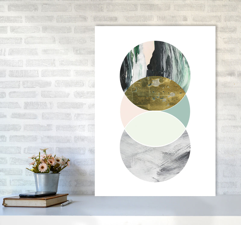 Textured Peach, Green And Grey Abstract Circles Modern Print A1 Black Frame