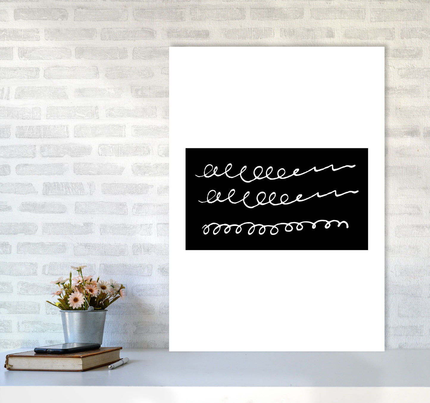 Black Rectangle Swirls Abstract Modern Print A1 Black Frame