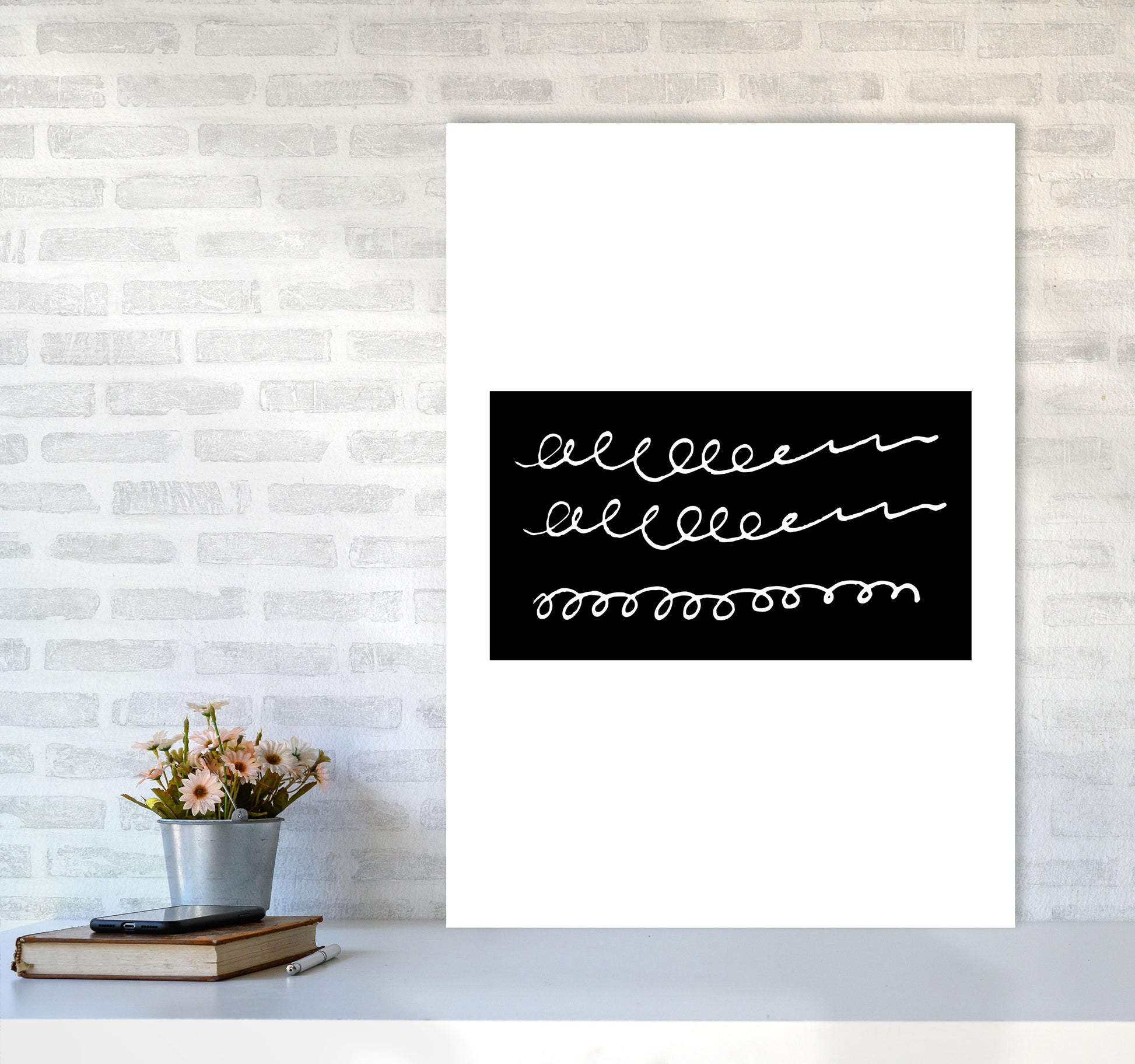 Black Rectangle Swirls Abstract Modern Print A1 Black Frame