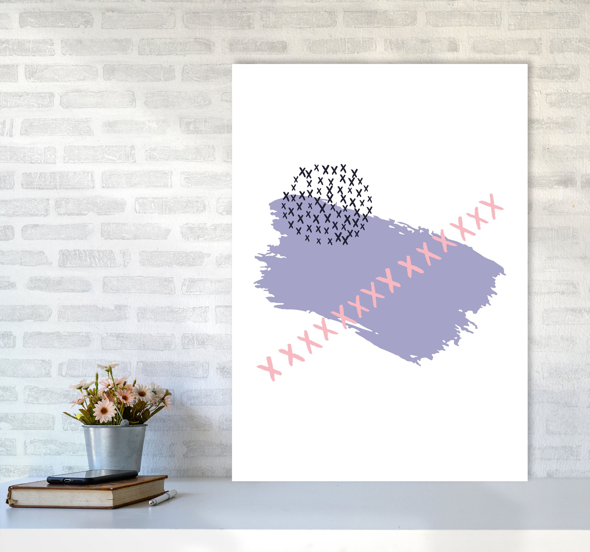 Purple X Paint Brush Abstract Modern Print A1 Black Frame