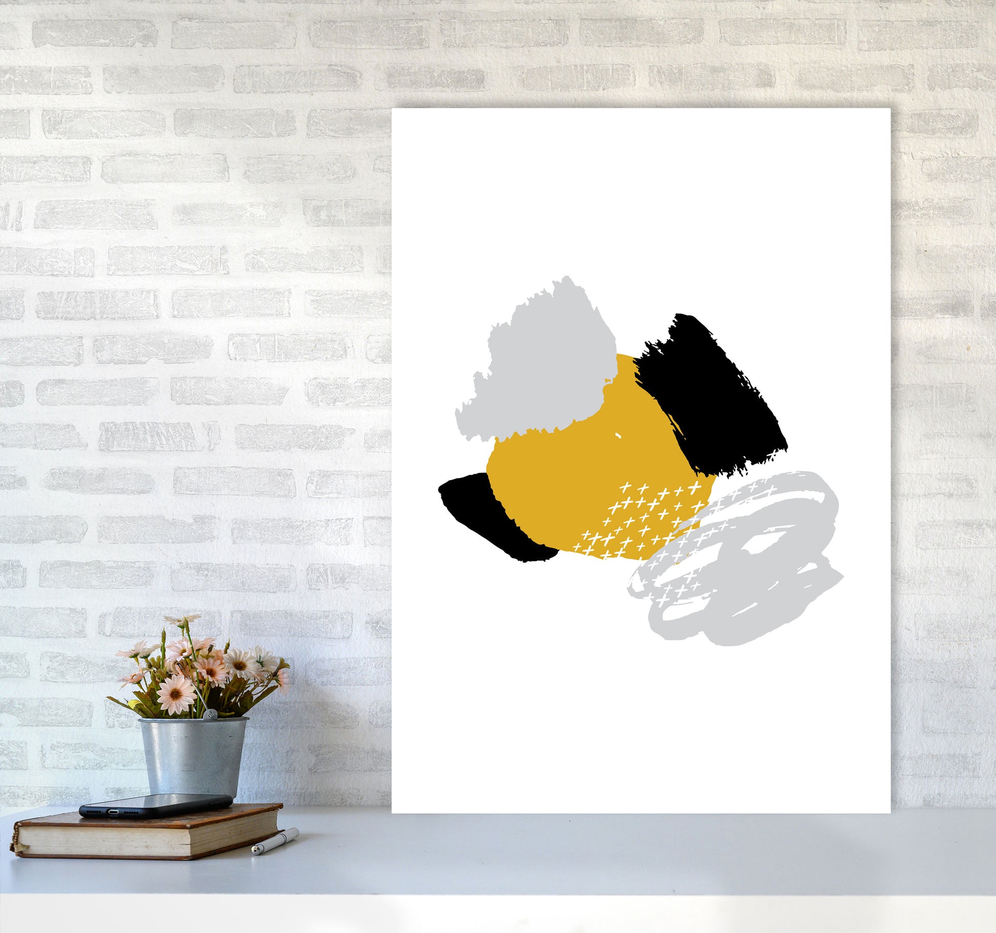 Mustard And Black Mismatch Abstract Modern Print A1 Black Frame