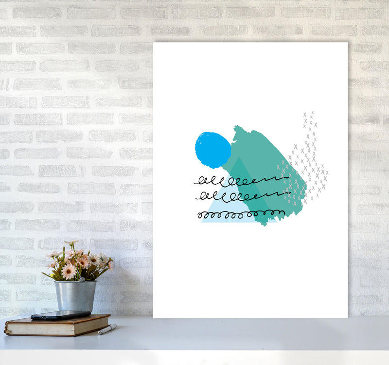Teal And Blue Mountain Sun Abstract Modern Print A1 Black Frame