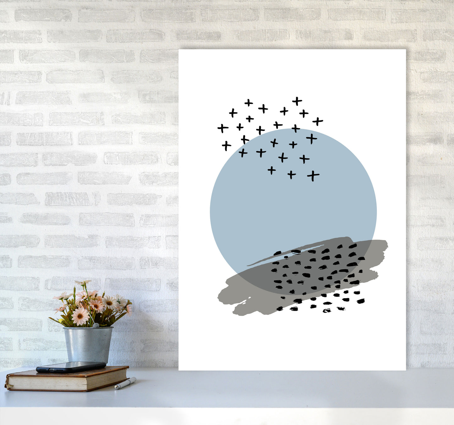 Blue Abstract Circle With Black Dashes Modern Print A1 Black Frame
