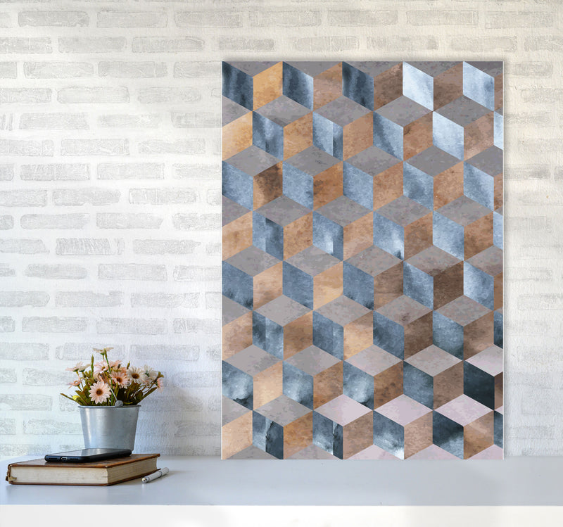 Blue, Grey And Brown Abstract Watercolour Box Modern Print A1 Black Frame