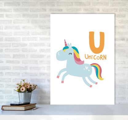 Alphabet Animals, U Is For Unicorn Framed Nursey Wall Art Print A1 Black Frame