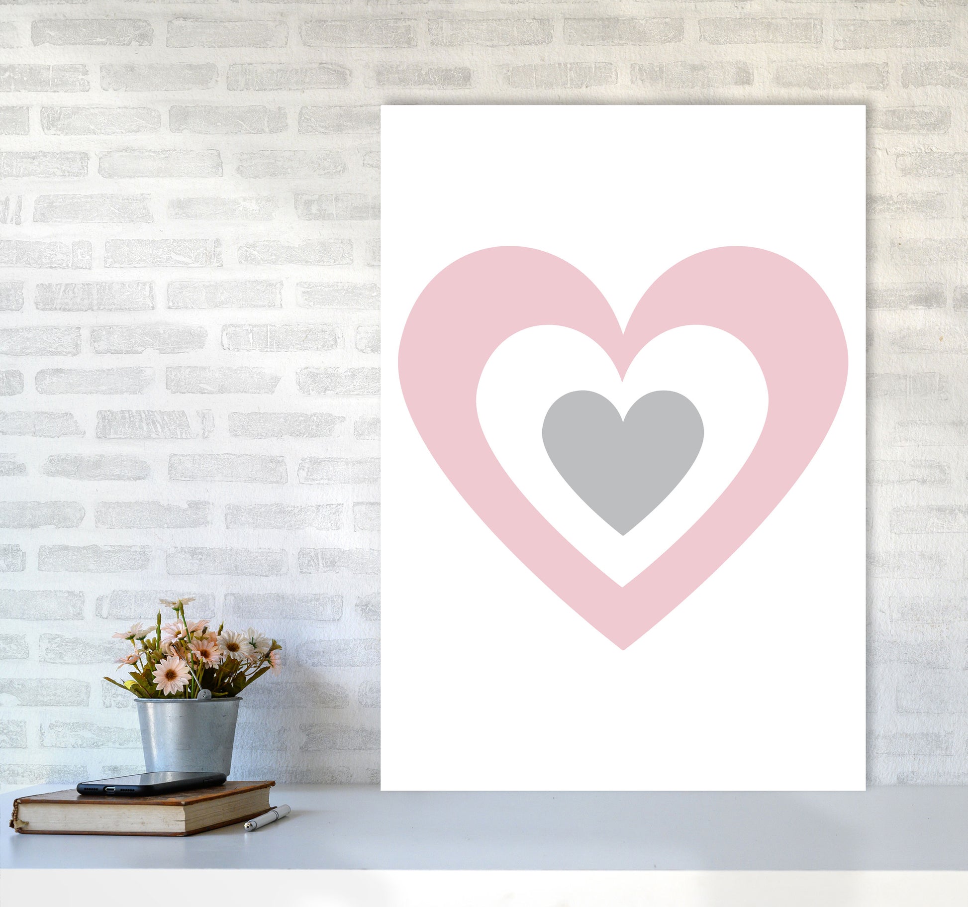 Pink And Grey Heart Modern Print A1 Black Frame