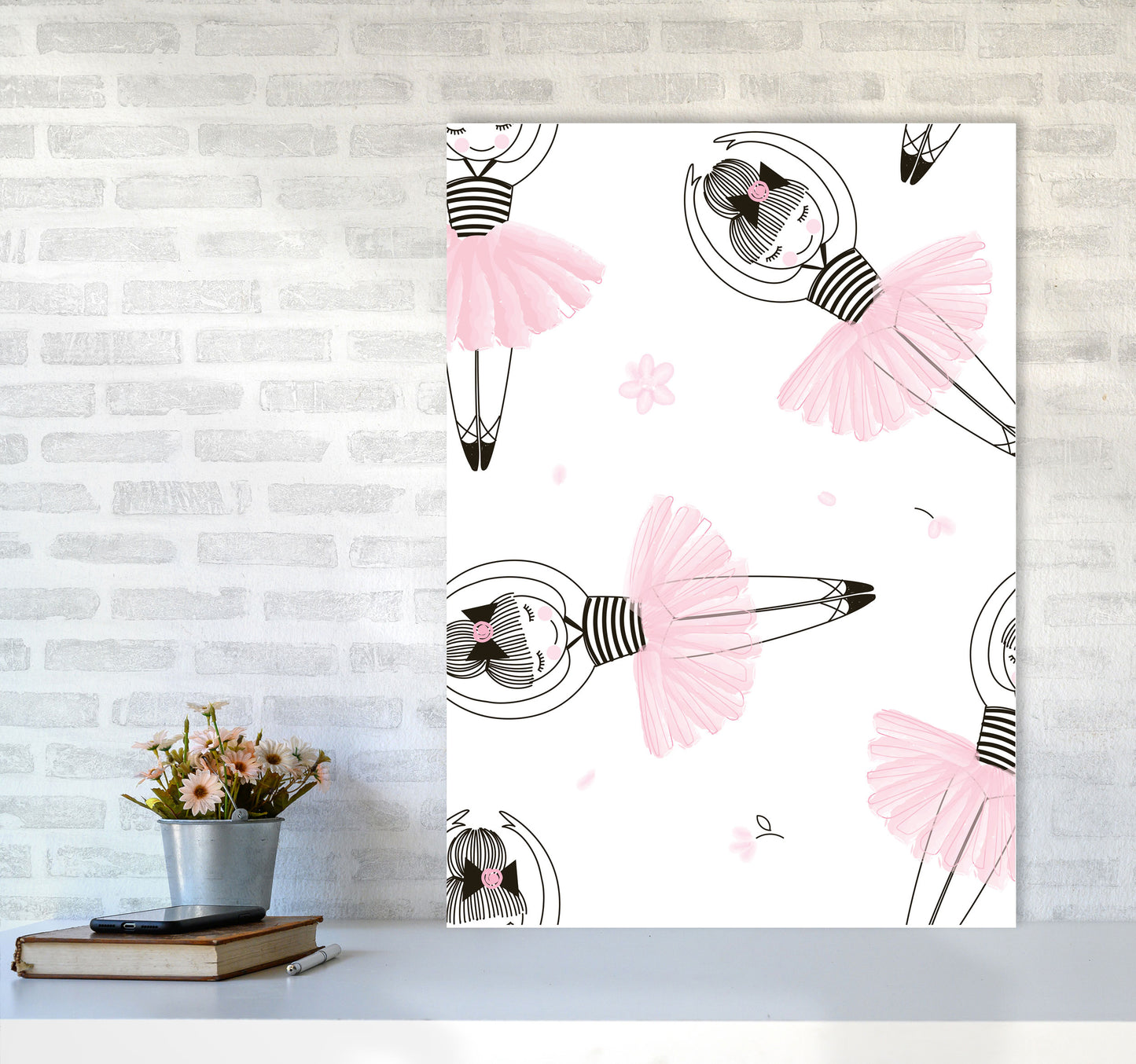 Ballerina Repeat Pattern Framed Nursey Wall Art Print A1 Black Frame