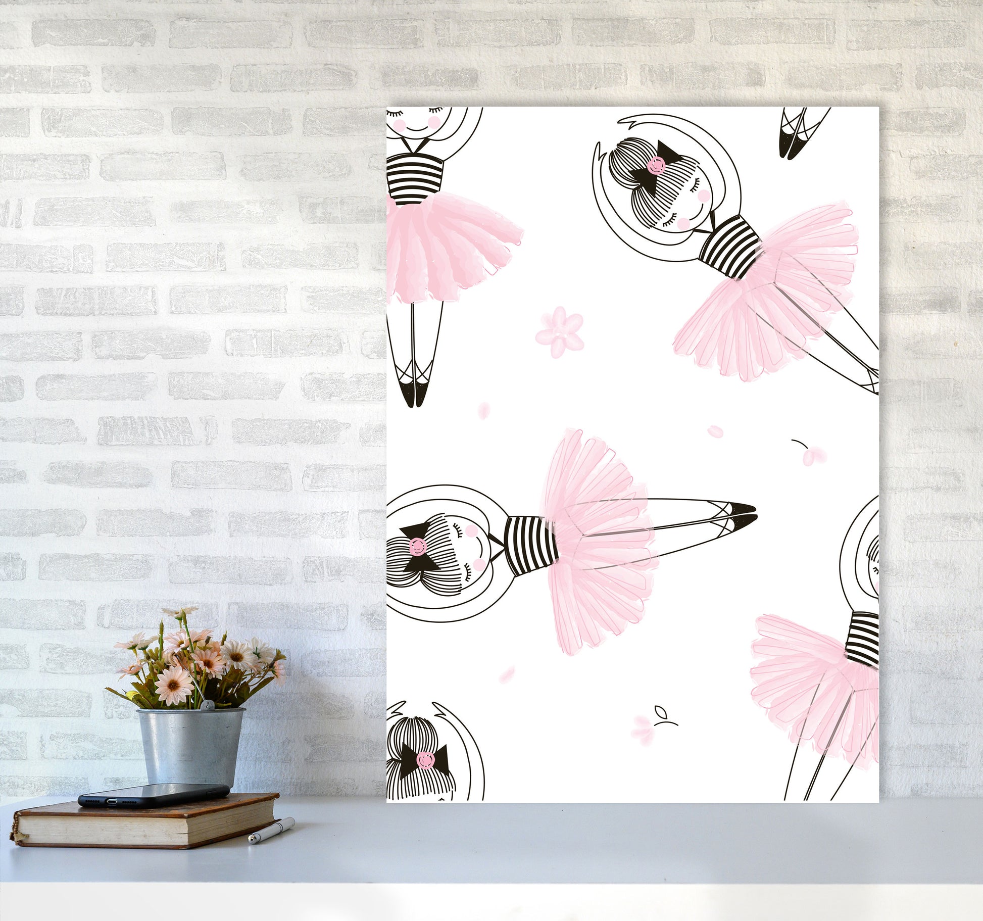 Ballerina Repeat Pattern Framed Nursey Wall Art Print A1 Black Frame