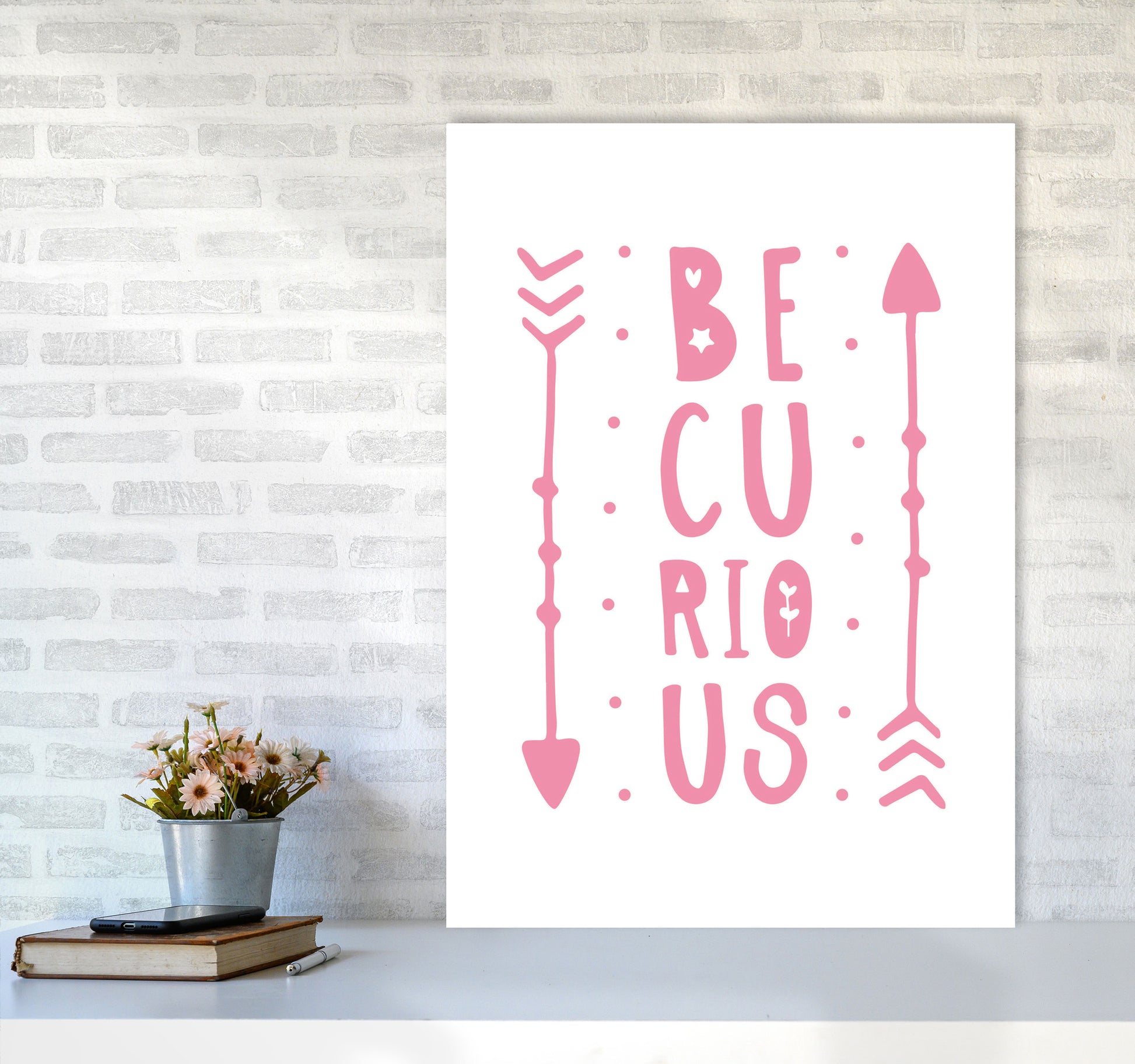 Be Curious Pink Framed Typography Wall Art Print A1 Black Frame