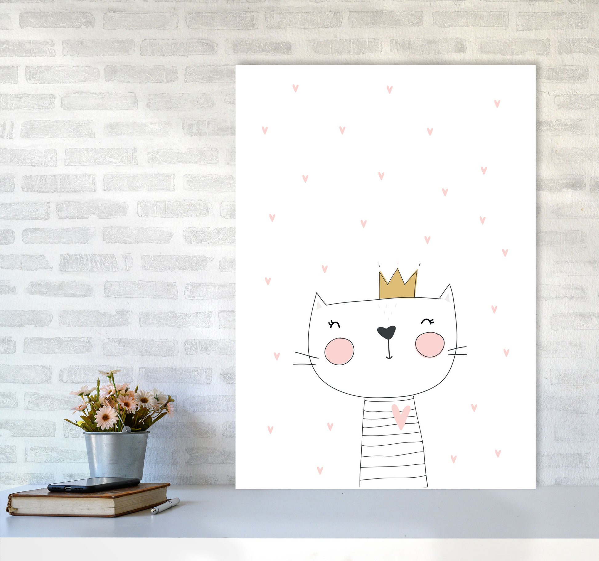 Scandi Cute Cat With Crown And Stars Framed Nursey Wall Art Print A1 Black Frame