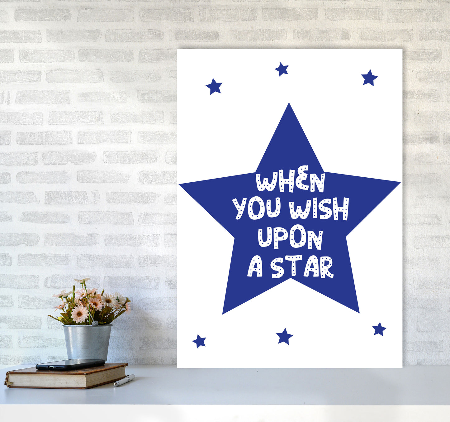 Wish Upon A Star Navy Framed Nursey Wall Art Print A1 Black Frame
