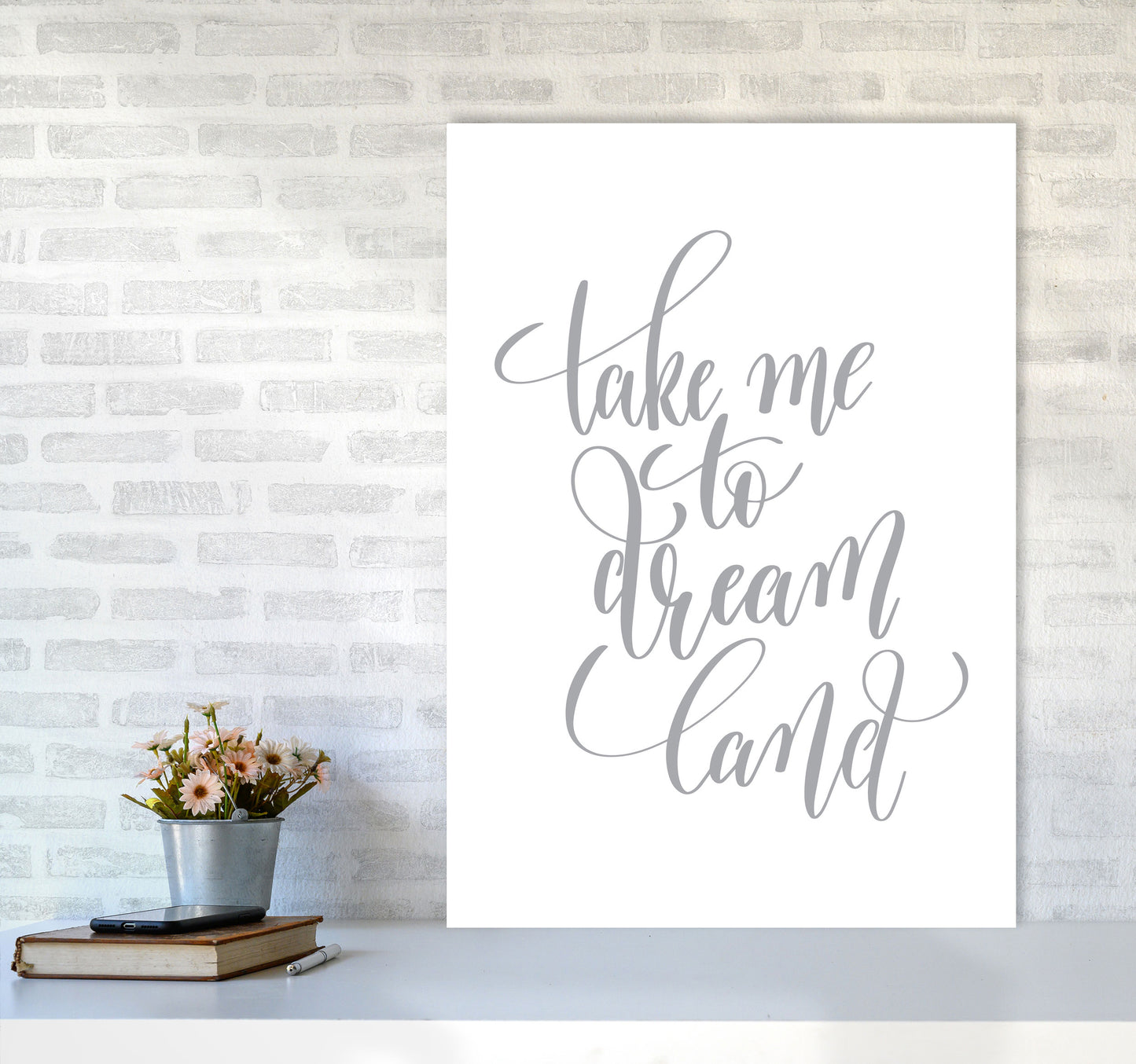 Take Me To Dream Land Grey Modern Print A1 Black Frame