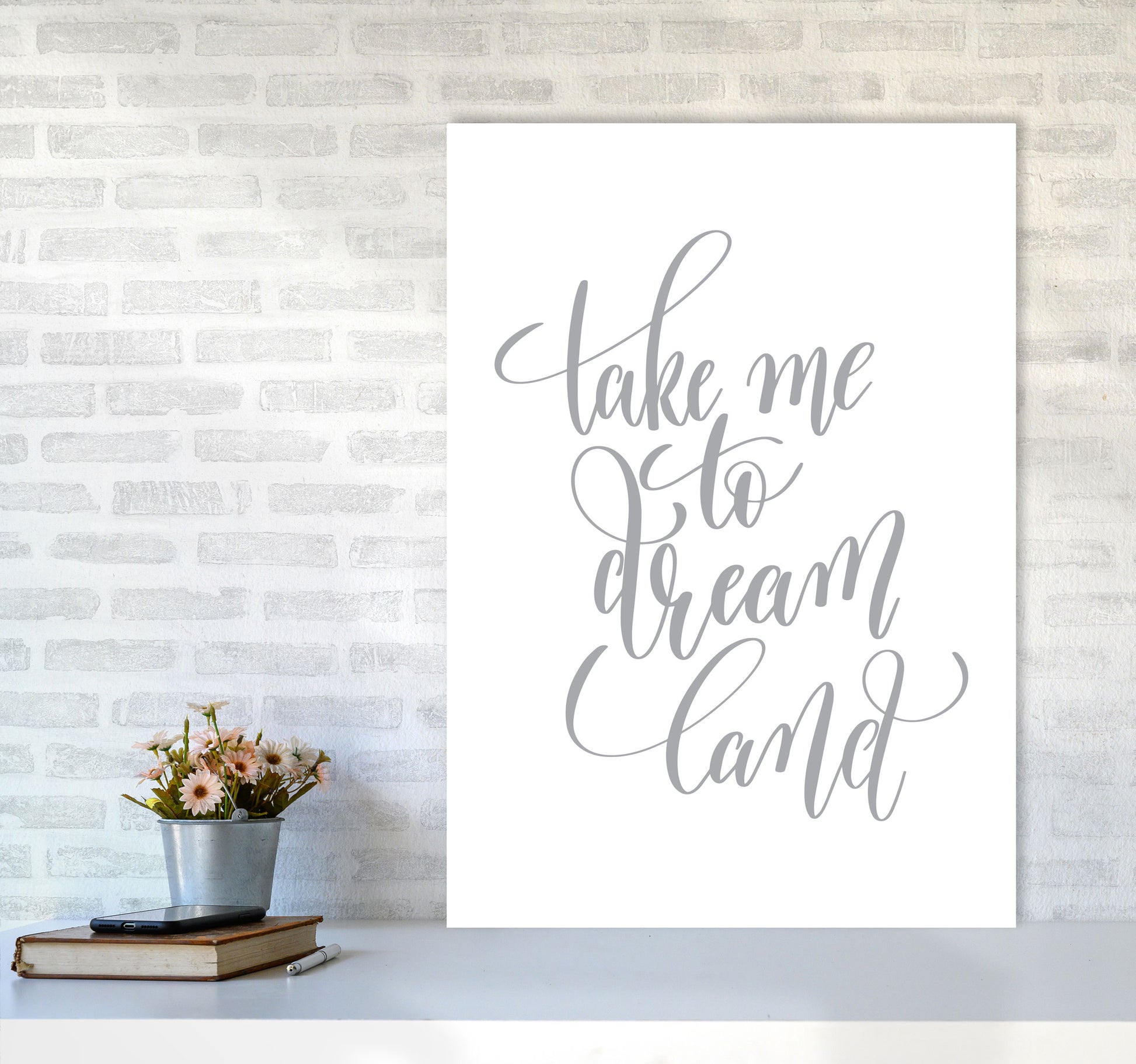 Take Me To Dream Land Grey Modern Print A1 Black Frame