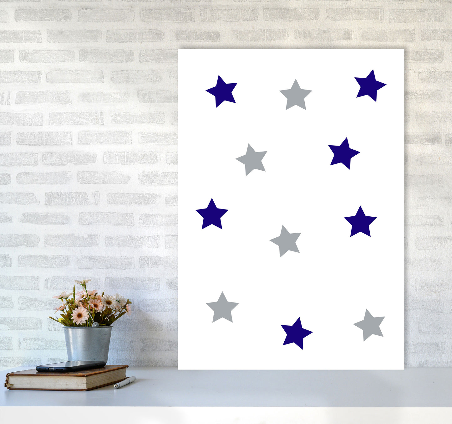 Navy And Grey Stars Modern Print A1 Black Frame