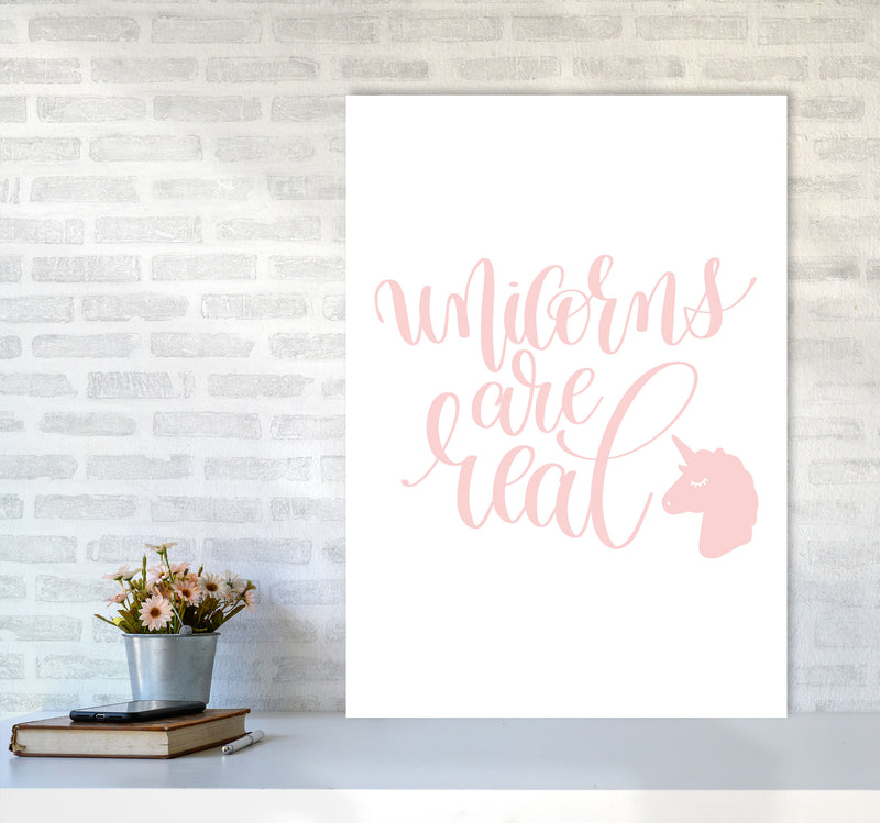 Unicorns Are Real Pink Modern Art Print, Framed Childrens Nursey Poster A1 Black Frame