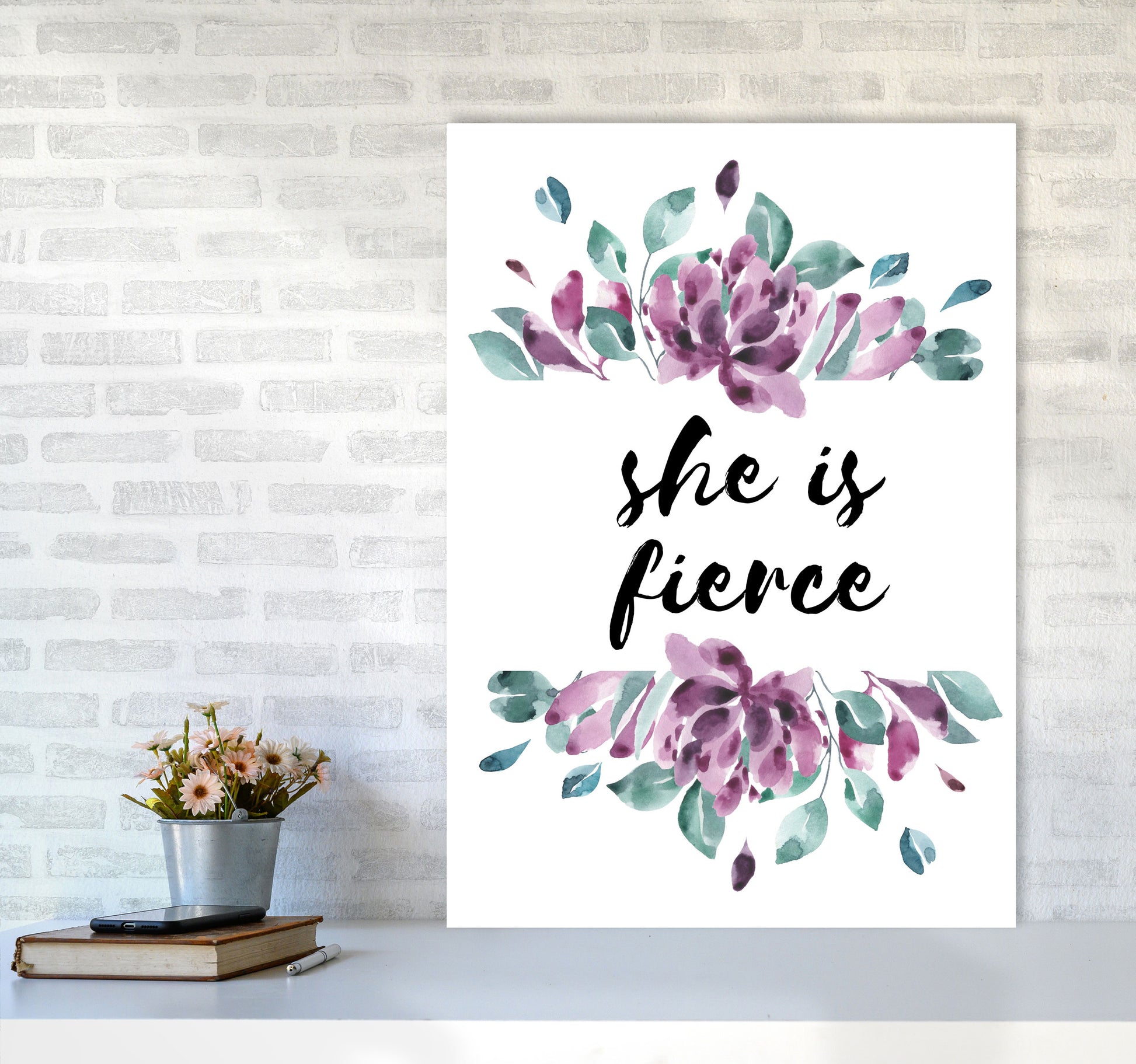 She Is Fierce Purple Floral Modern Print A1 Black Frame