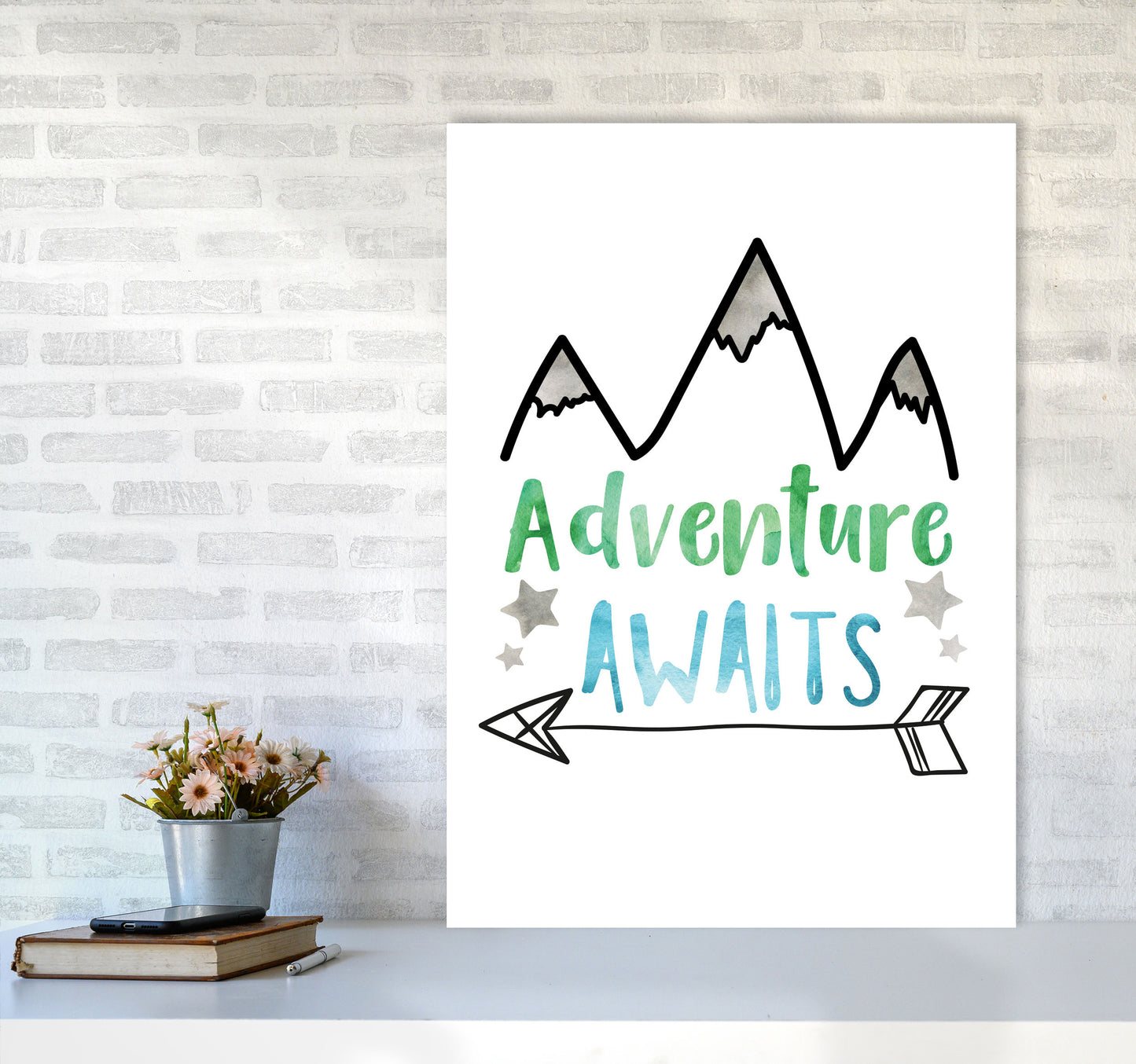 Adventure Awaits Watercolour Modern Print A1 Black Frame