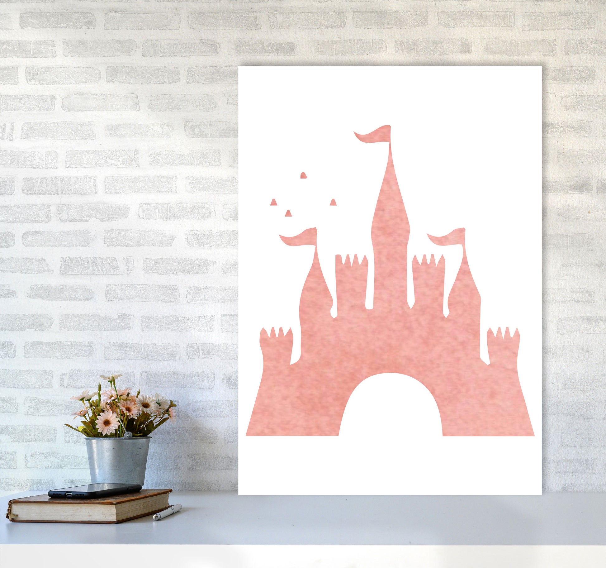 Peach Castle Watercolour Modern Print A1 Black Frame