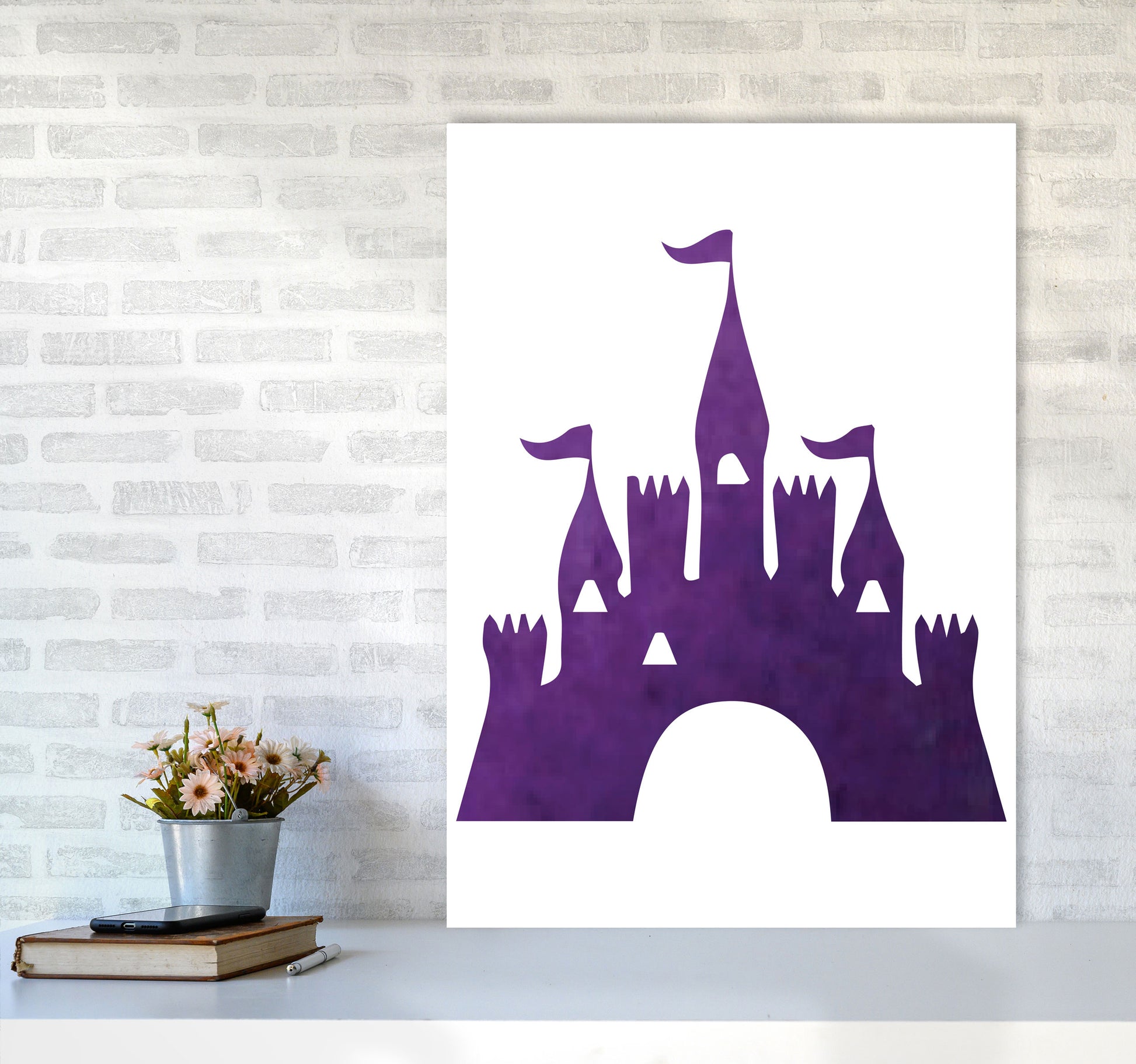 Purple Castle Watercolour Modern Print A1 Black Frame