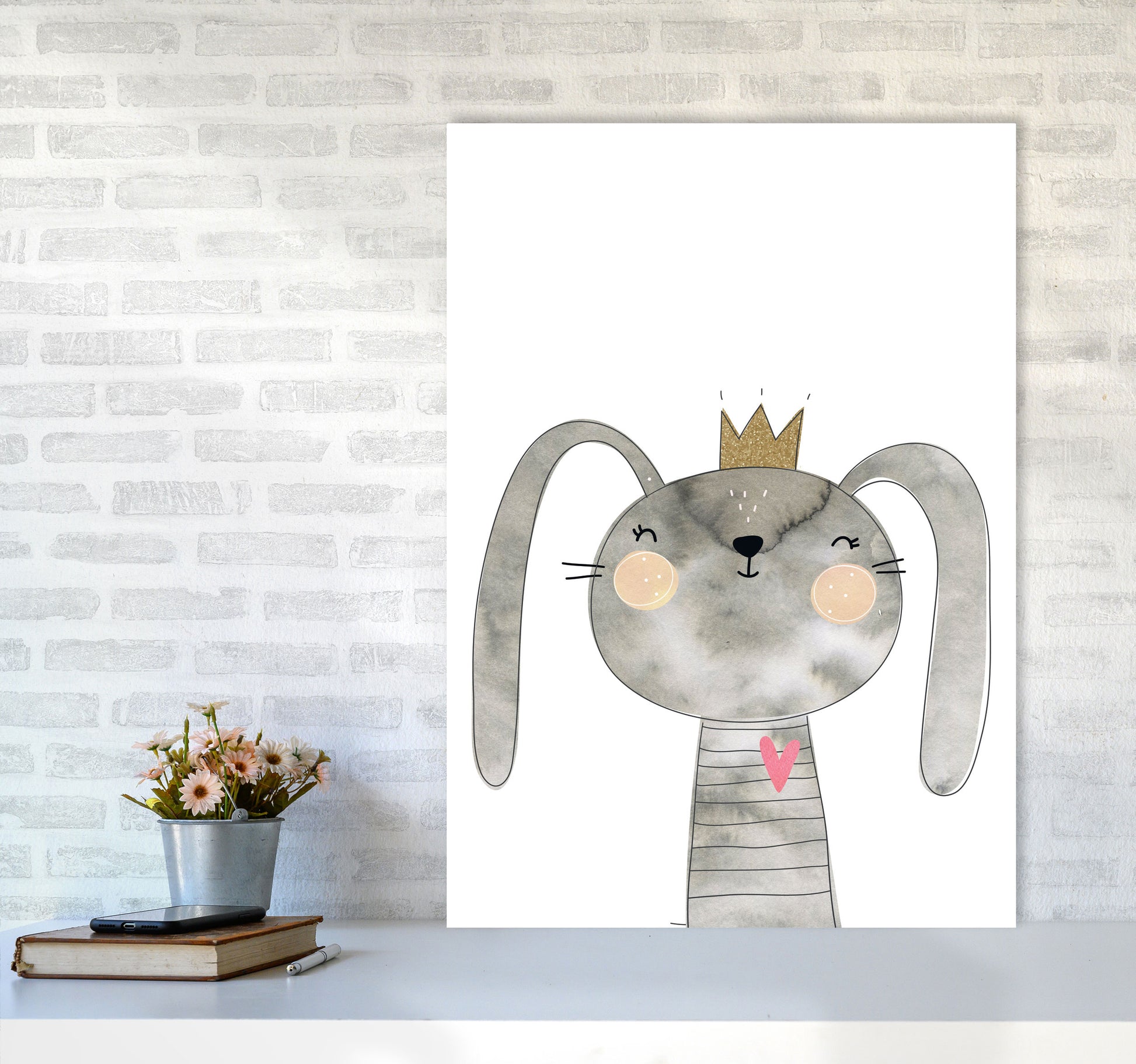 Scandi Grey Bunny Watercolour Framed Nursey Wall Art Print A1 Black Frame