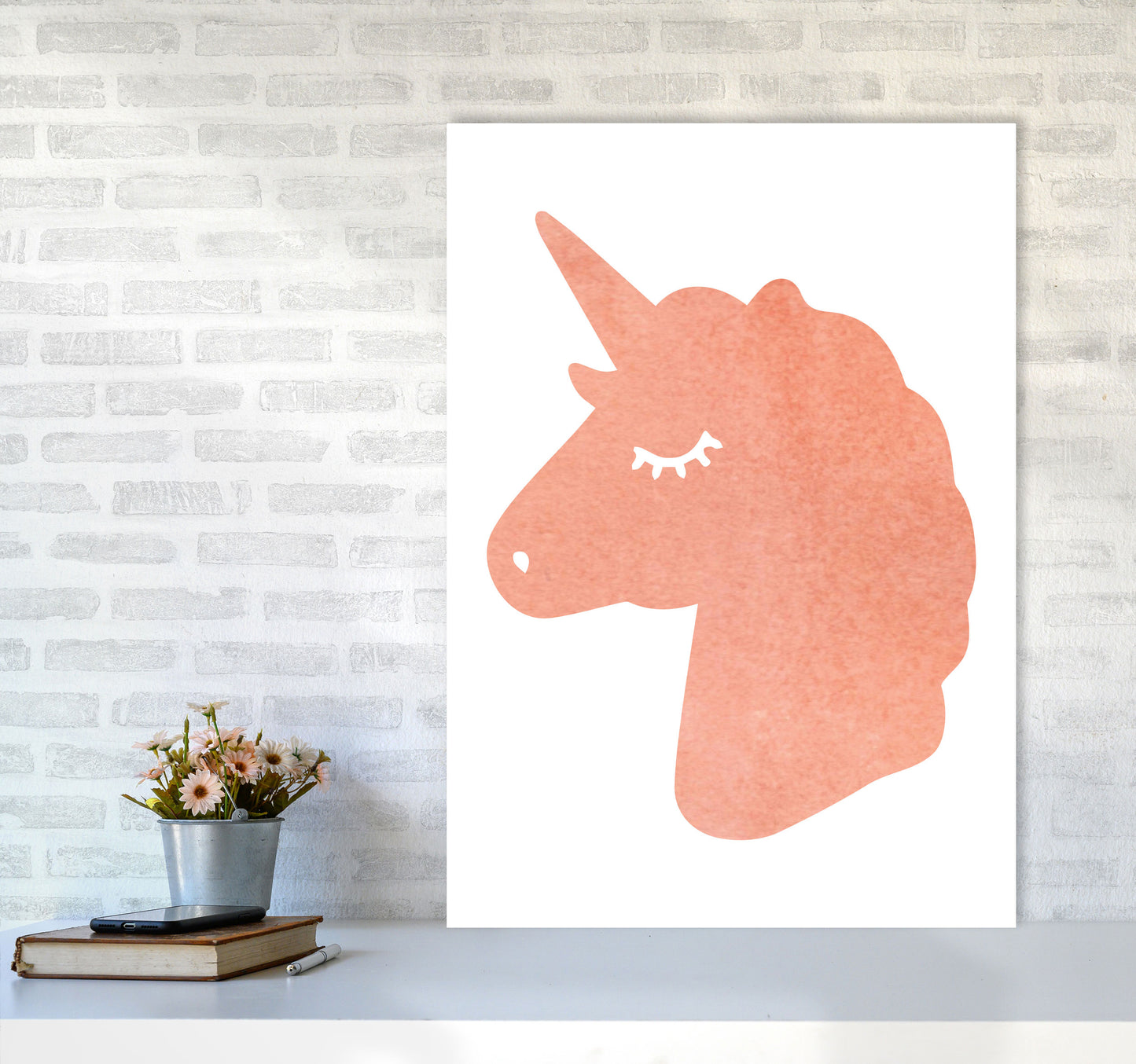 Unicorn Peach Silhouette Watercolour Modern Print A1 Black Frame