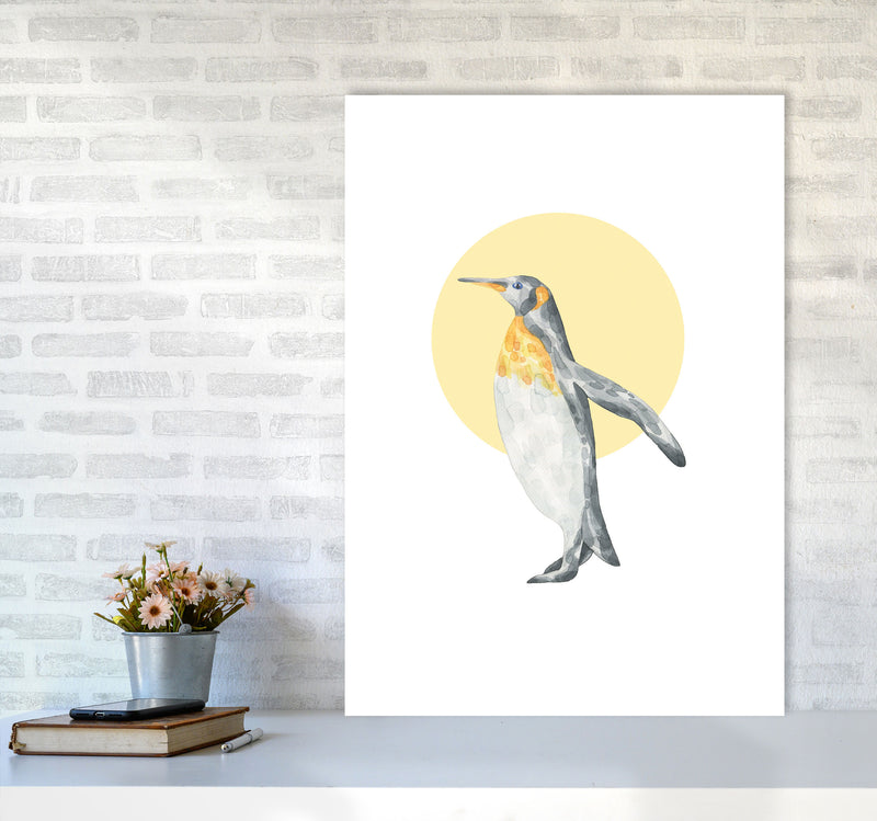 Watercolour Penguin With Yellow Circle Modern Print, Animal Art Print A1 Black Frame