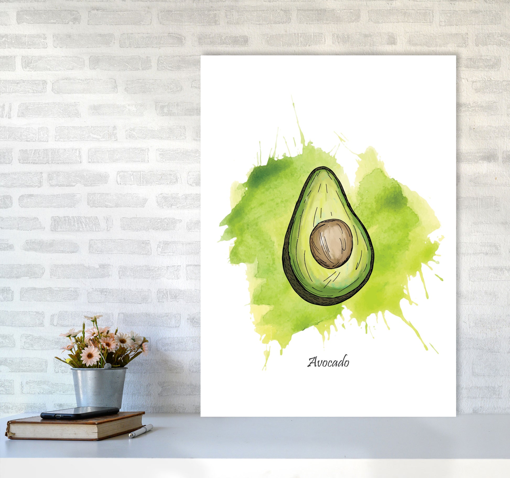 Avocado Modern Print, Framed Kitchen Wall Art A1 Black Frame