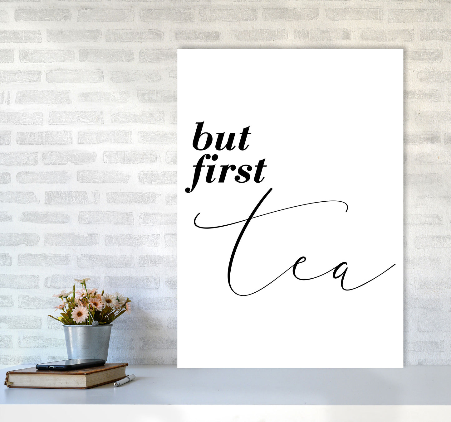But First Tea Modern Print, Framed Kitchen Wall Art A1 Black Frame