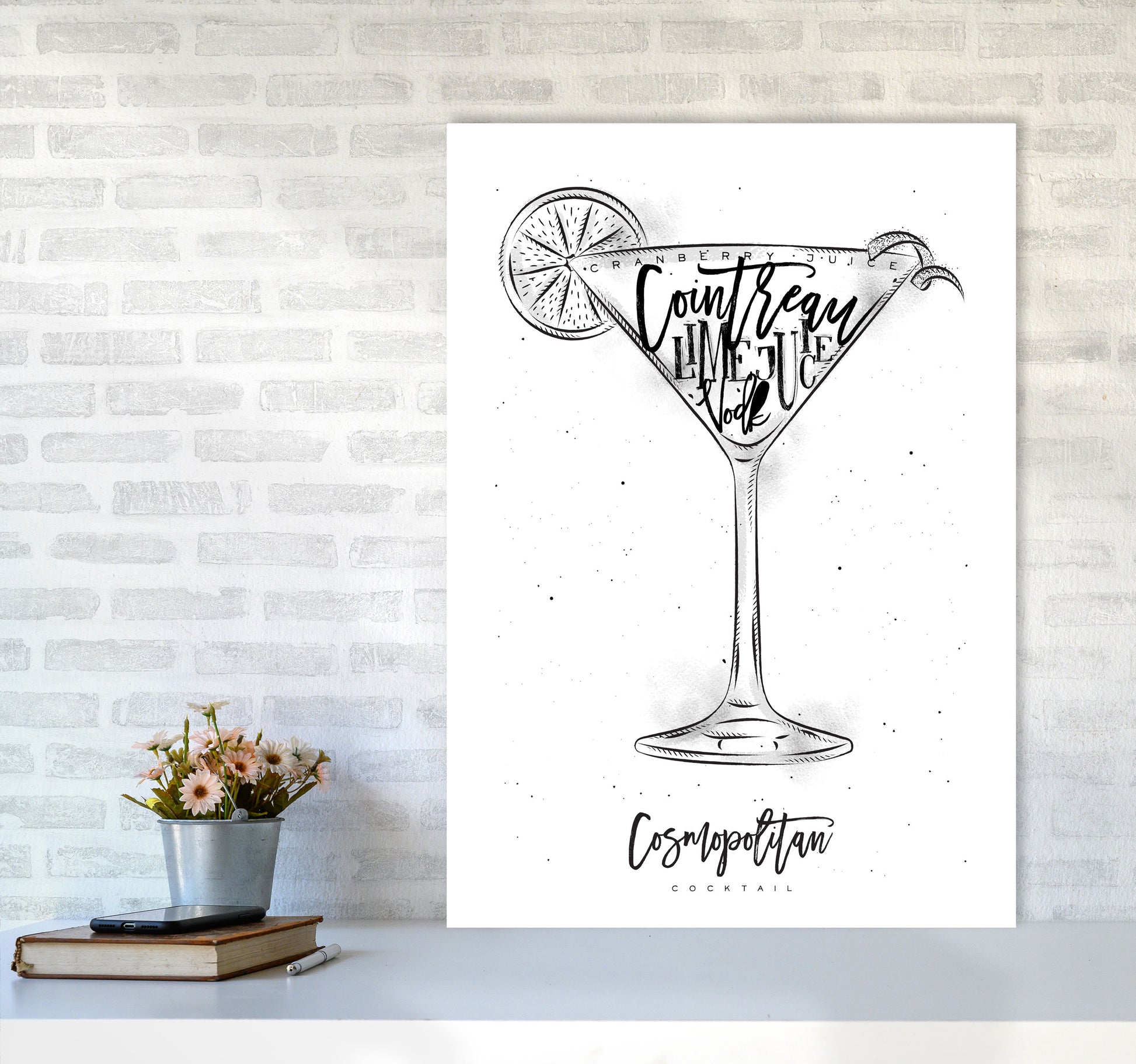 Cosmopolitan Cocktail Modern Print, Framed Kitchen Wall Art A1 Black Frame