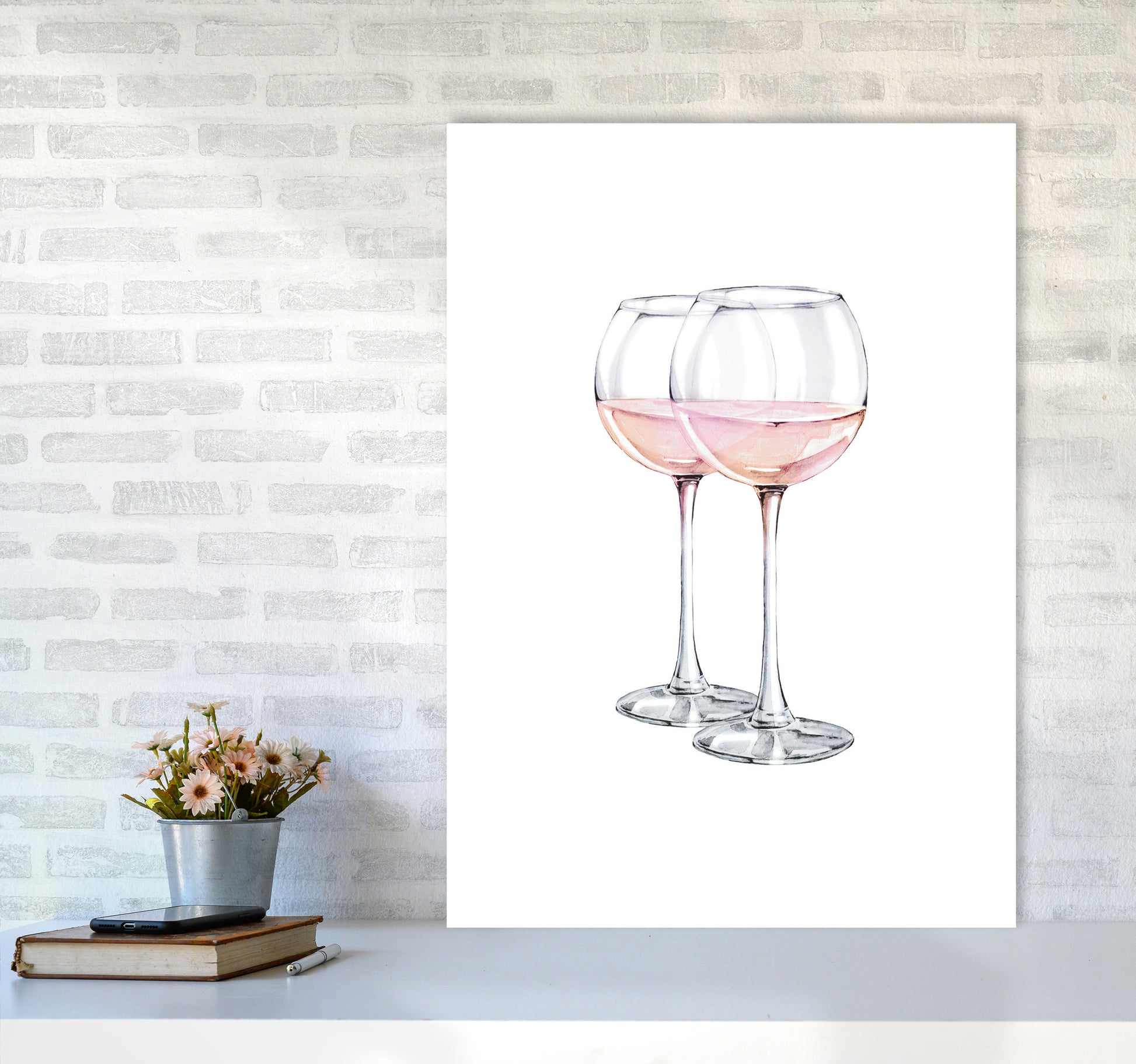 Pink Wine Glasses Modern Print A1 Black Frame
