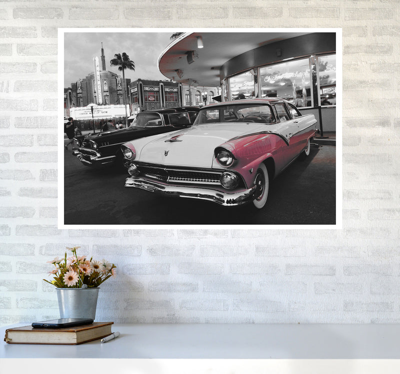 Vintage Pink And White Car Modern Print A1 Black Frame