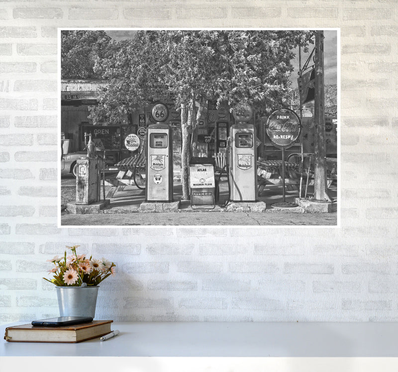 Retro Black And White Gas Pumps Modern Print A1 Black Frame