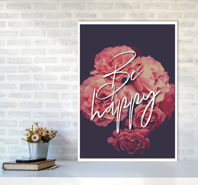 Be Happy Floral Modern Print, Framed Botanical & Nature Art Print A1 Black Frame